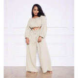 Solid Long Sleeve Top And Strap Wide Leg Pants 2 Piece Sets ASL-6511