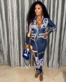 Sexy Printed Long Sleeve Zipper Sashes Maxi Dress BGN-206