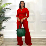 Solid Long Sleeve Wide Leg Pants Two Piece Suits TR-1179