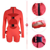 Sexy Hollow Out Long Sleeve Buckle Romper TE-4328