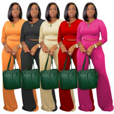 Solid Long Sleeve Wide Leg Pants Two Piece Suits TR-1179