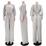 Solid Long Sleeve Top And Strap Wide Leg Pants 2 Piece Sets ASL-6511