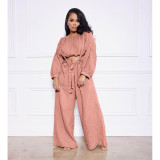 Solid Long Sleeve Top And Strap Wide Leg Pants 2 Piece Sets ASL-6511