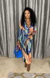 Sexy Printed Long Sleeve Zipper Sashes Maxi Dress BGN-206