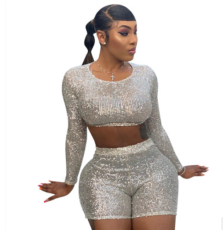 Sexy Sequins Long Sleeve Two Piece Shorts Sets LSL-6313