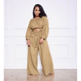 Solid Long Sleeve Top And Strap Wide Leg Pants 2 Piece Sets ASL-6511