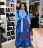 Plus Size Casual Printed Long Sleeve Sashes Maxi Dress DMF-8183