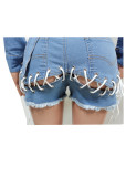 Denim Backless Long Sleeve Top+Lace-Up Shorts 2 Piece Sets MEM-88395