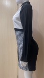 Houndstooth Print Patchwork Long Sleeve Shirt Dress ZSD-0425