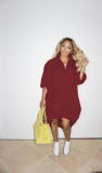 Solid Loose Long Sleeve Drawstring Hem Midi Dress WY-6838