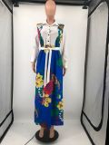Plus Size Casual Printed Long Sleeve Sashes Maxi Dress DMF-8183