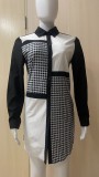 Houndstooth Print Patchwork Long Sleeve Shirt Dress ZSD-0425