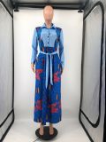 Plus Size Casual Printed Long Sleeve Sashes Maxi Dress DMF-8183