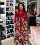 Plus Size Casual Printed Long Sleeve Sashes Maxi Dress DMF-8183