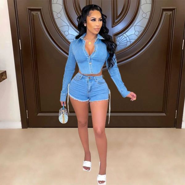 Denim Backless Long Sleeve Top+Lace-Up Shorts 2 Piece Sets MEM-88395