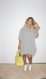 Solid Loose Long Sleeve Drawstring Hem Midi Dress WY-6838