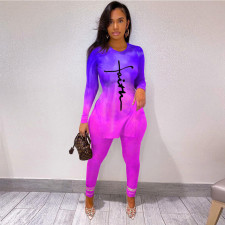 Gradient Letter Print Split Top And Pants 2 Piece Sets YNSF-1677
