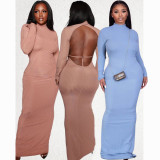 Solid Sexy Backless Long Sleeve Maxi Dress BN-9303