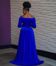 Blue V Neck Long Sleeve High Split Maxi Evening Dress LSL-6474