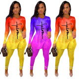Gradient Letter Print Split Top And Pants 2 Piece Sets YNSF-1677