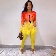 Gradient Letter Print Split Top And Pants 2 Piece Sets YNSF-1677