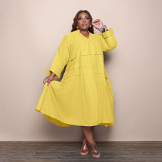 Plus Size Solid V Neck Long Sleeve Loose Midi Dress QSF-51049