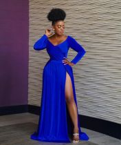 Blue V Neck Long Sleeve High Split Maxi Evening Dress LSL-6474