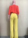 Solid V Neck 3/4 Sleeve Top And Pants 2 Piece Sets ORY-5209