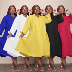 Plus Size Solid V Neck Long Sleeve Loose Midi Dress QSF-51049