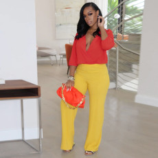 Solid V Neck 3/4 Sleeve Top And Pants 2 Piece Sets ORY-5209