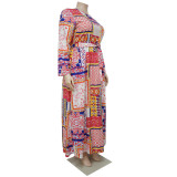 Plus Size Printed Long Sleeve Sashes Maxi Dress NNWF-7314