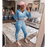 Solid Velvet Hooded Zipper Two Piece Pants Set IV-8250