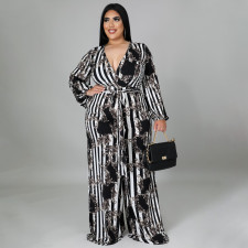 Plus Size Printed V Neck Sashes Long Sleeve Jumpsuit NNWF-7340