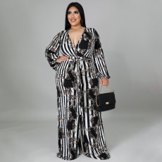 Plus Size Printed V Neck Sashes Long Sleeve Jumpsuit NNWF-7340