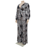 Plus Size Printed V Neck Sashes Long Sleeve Jumpsuit NNWF-7340