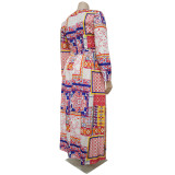 Plus Size Printed Long Sleeve Sashes Maxi Dress NNWF-7314