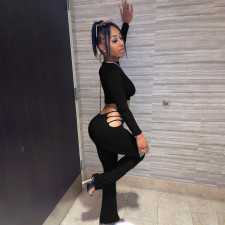 Sexy Solid Long Sleeve Top+Hollow Pants 2 Piece Sets MEI-9207