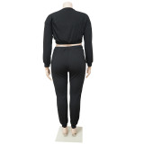Plus Size Solid Ribbed Long Sleeve Crop Top+Vest+Pants 3 Piece Sets NNWF-7345