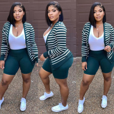 Casual Striped Buttons Top And Shorts 2 Piece Suits KSN-88014