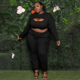 Plus Size Solid Ribbed Long Sleeve Crop Top+Vest+Pants 3 Piece Sets NNWF-7345