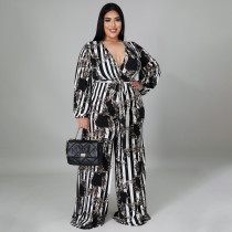 Plus Size Printed V Neck Sashes Long Sleeve Jumpsuit NNWF-7340
