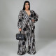 Plus Size Printed V Neck Sashes Long Sleeve Jumpsuit NNWF-7340
