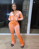 Solid Velvet Hooded Long Sleeve Flare Pants 2 Piece Sets YD-8527