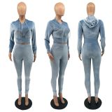 Solid Velvet Hooded Zipper Two Piece Pants Set IV-8250