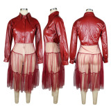 PU Leather Mesh Patchwork Full Sleeve Zipper Coat TE-4337