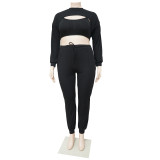 Plus Size Solid Ribbed Long Sleeve Crop Top+Vest+Pants 3 Piece Sets NNWF-7345