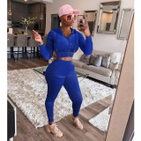 Solid Velvet Hooded Zipper Two Piece Pants Set IV-8250