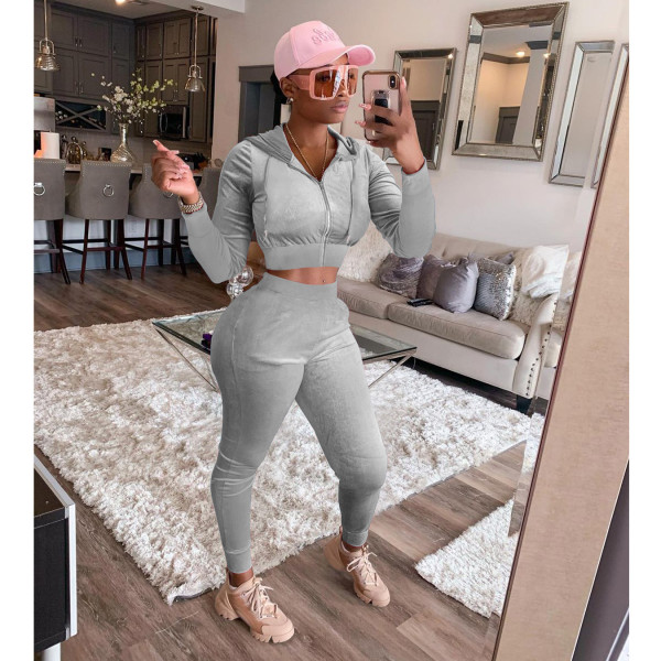 Solid Velvet Hooded Zipper Two Piece Pants Set IV-8250