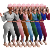 Solid Velvet Hooded Zipper Two Piece Pants Set IV-8250