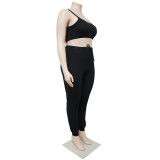 Plus Size Solid Ribbed Long Sleeve Crop Top+Vest+Pants 3 Piece Sets NNWF-7345